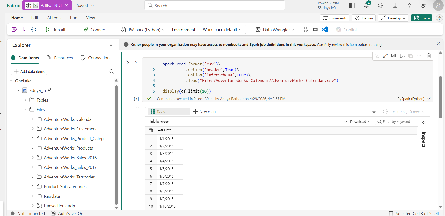 Spark notebook running in Fabric with Python code and Delta table output